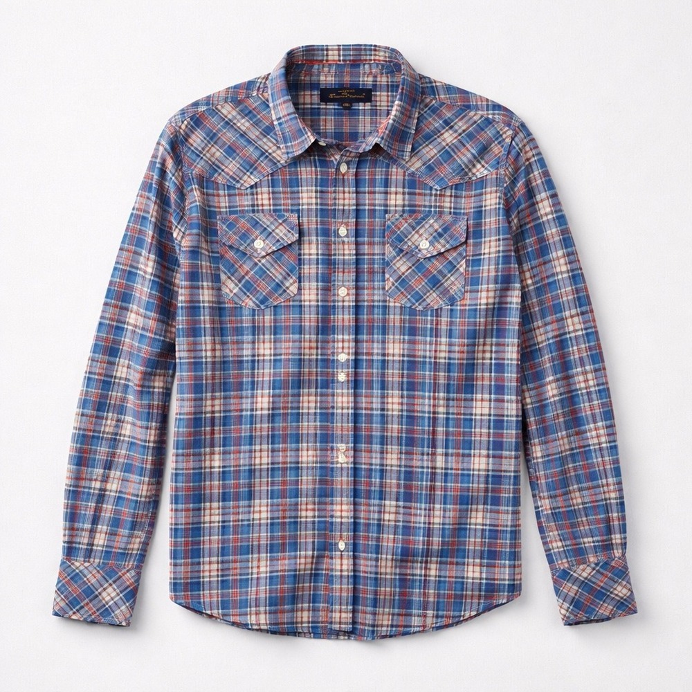 Ben Sherman Mens XL Casual Western Plaid Button Down Shirt Blue Red Long Sleeve